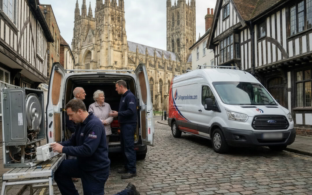 Heating technicians servicing boiler system in Canterbury, Kent
